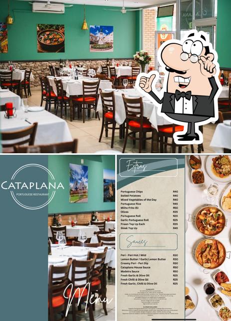 Cataplana dining room, menu and Portuguese food collage